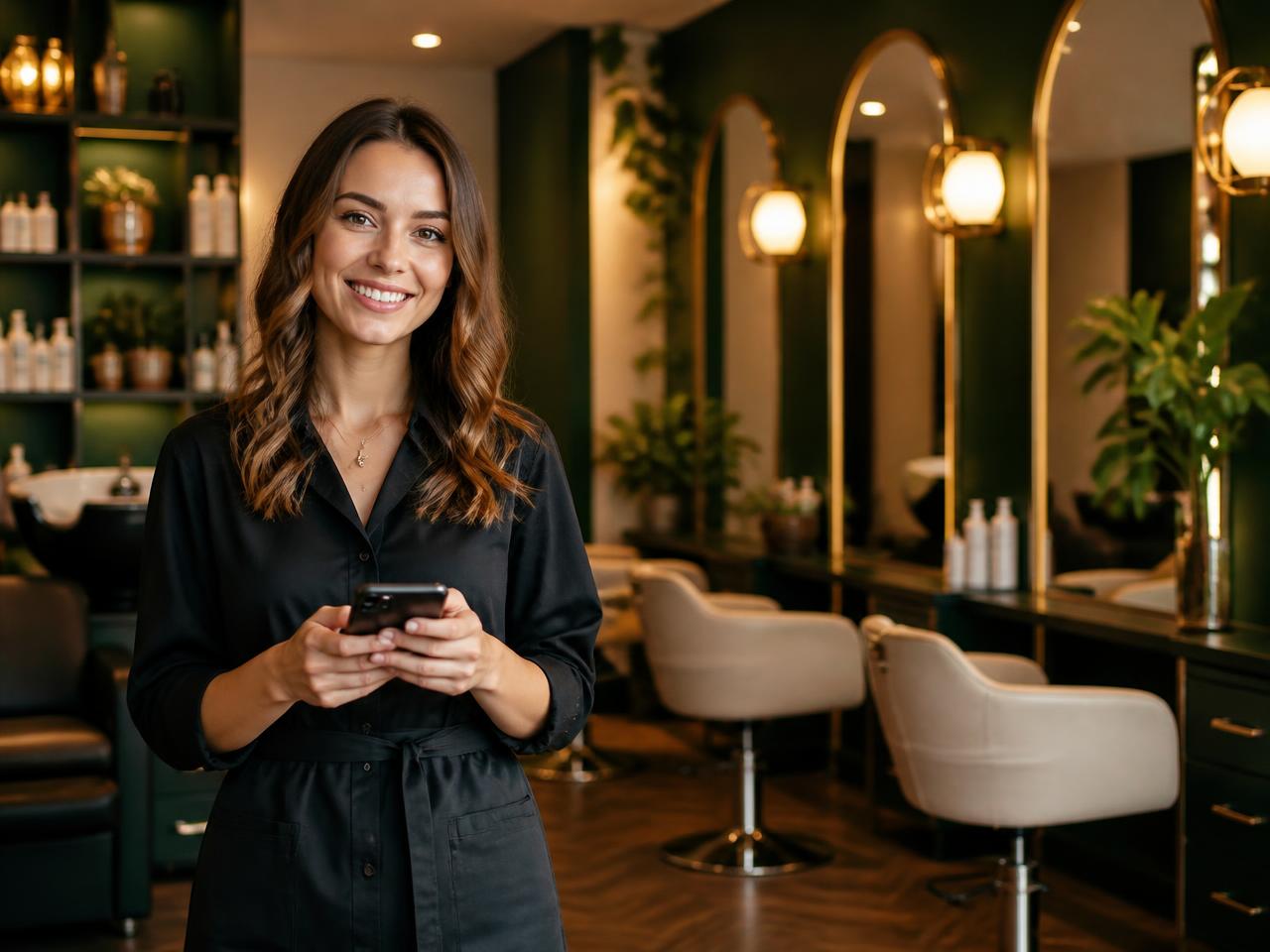 Profissional de salão de beleza usando o Hora Certa no celular